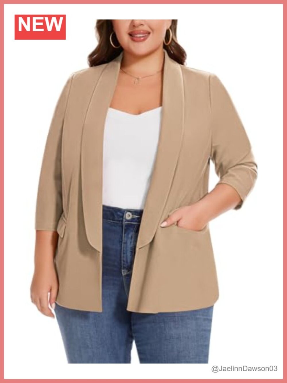 Plus Size Open Front Blazer 3/4 Sleeve Shawl Collar Lightweight Casual Work